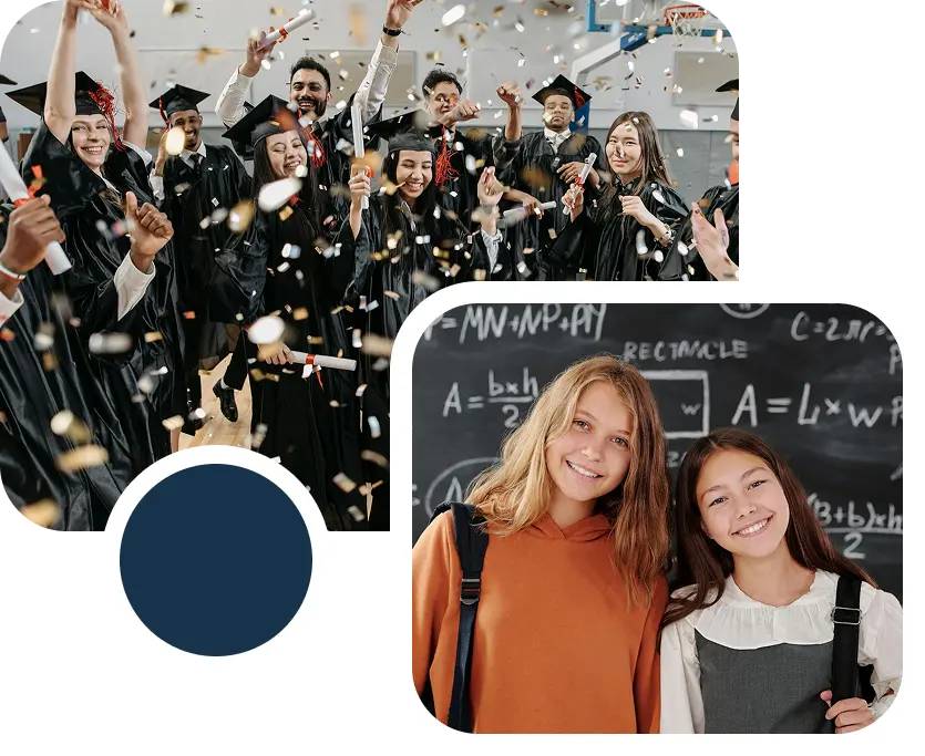 Graduates celebrating, and two students smiling in front of a chalkboard